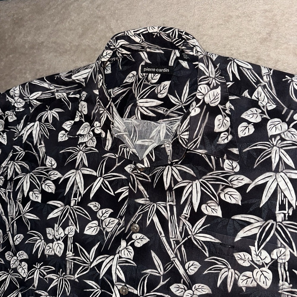 Pierre Cardin Men’s XL Hawaiian Button Up Shirt 100% Cotton Black Bamboo Leaves